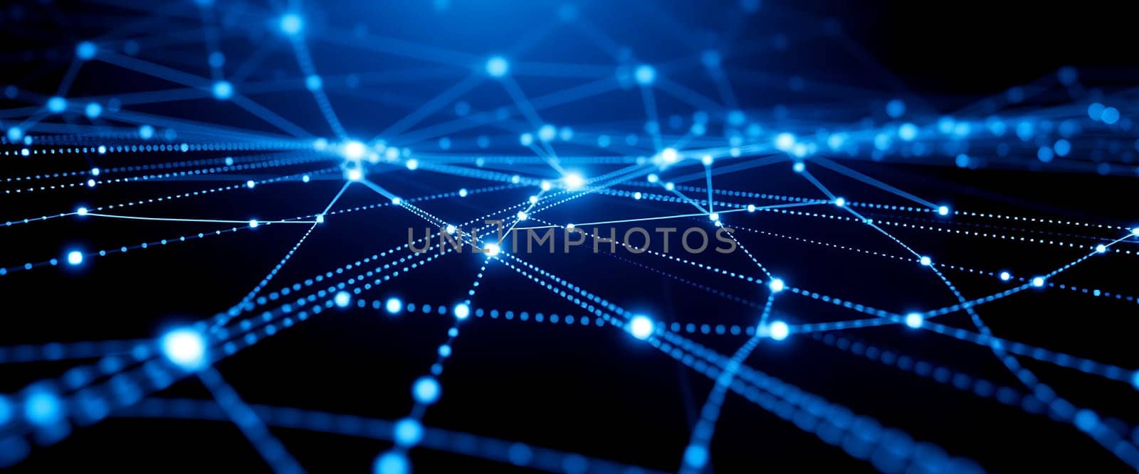 A vibrant display of blue lights and connections illustrates an intricate network system, symbolizing data exchange in the digital realm, against a dark backdrop.