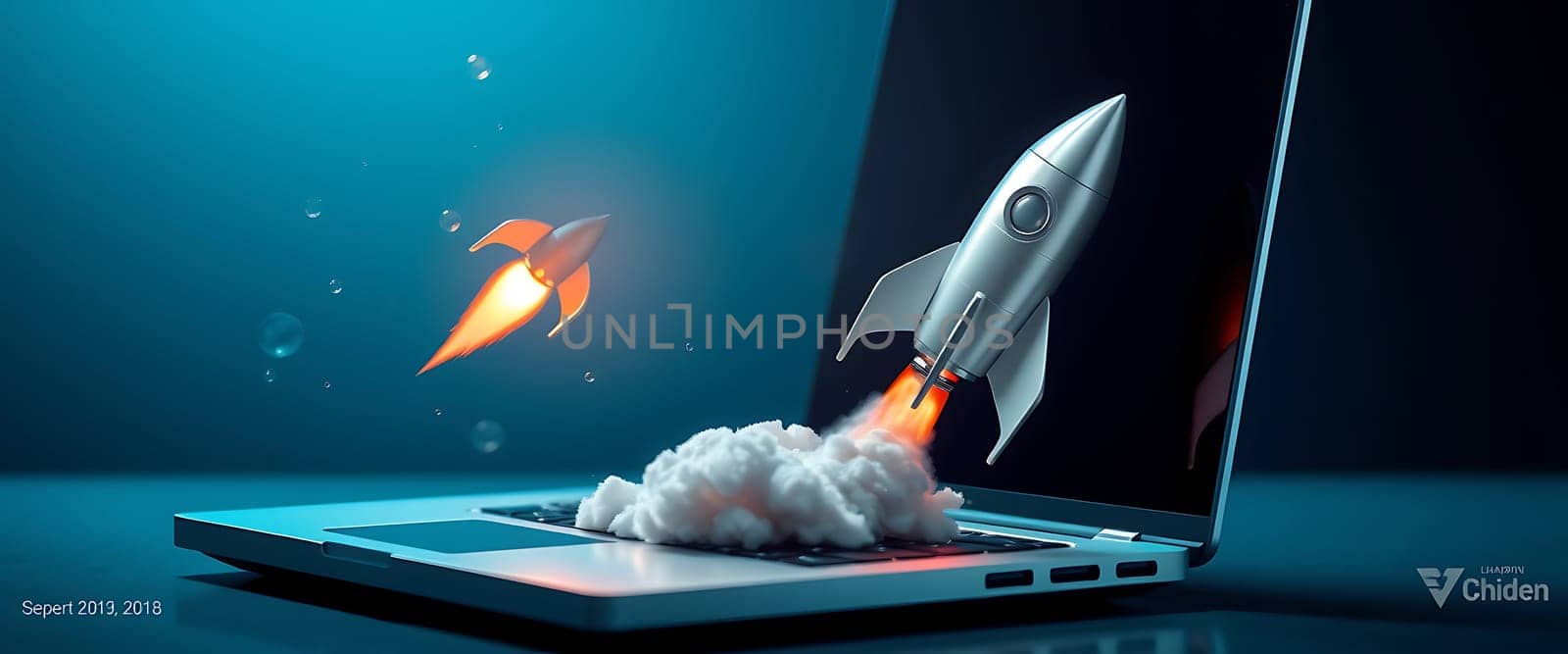 A rocket is emerging from a laptop screen, surrounded by clouds, symbolizing innovation and creativity in a modern digital workspace during the evening.