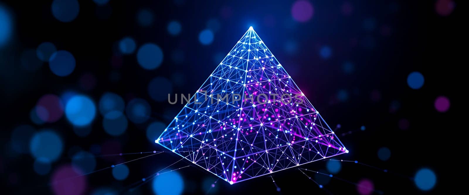 The artwork features a luminous pyramid composed of interconnected lines and dots, radiating vivid hues against a deep backdrop, creating an abstract yet striking design.