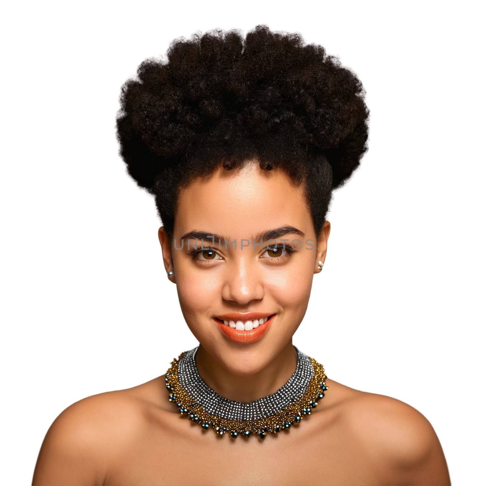 Young biracial woman with afro puffs and statement necklace plain face winking eyes grimacing mouth. Essence of diverse femininity. Woman isolated on transparent background.
