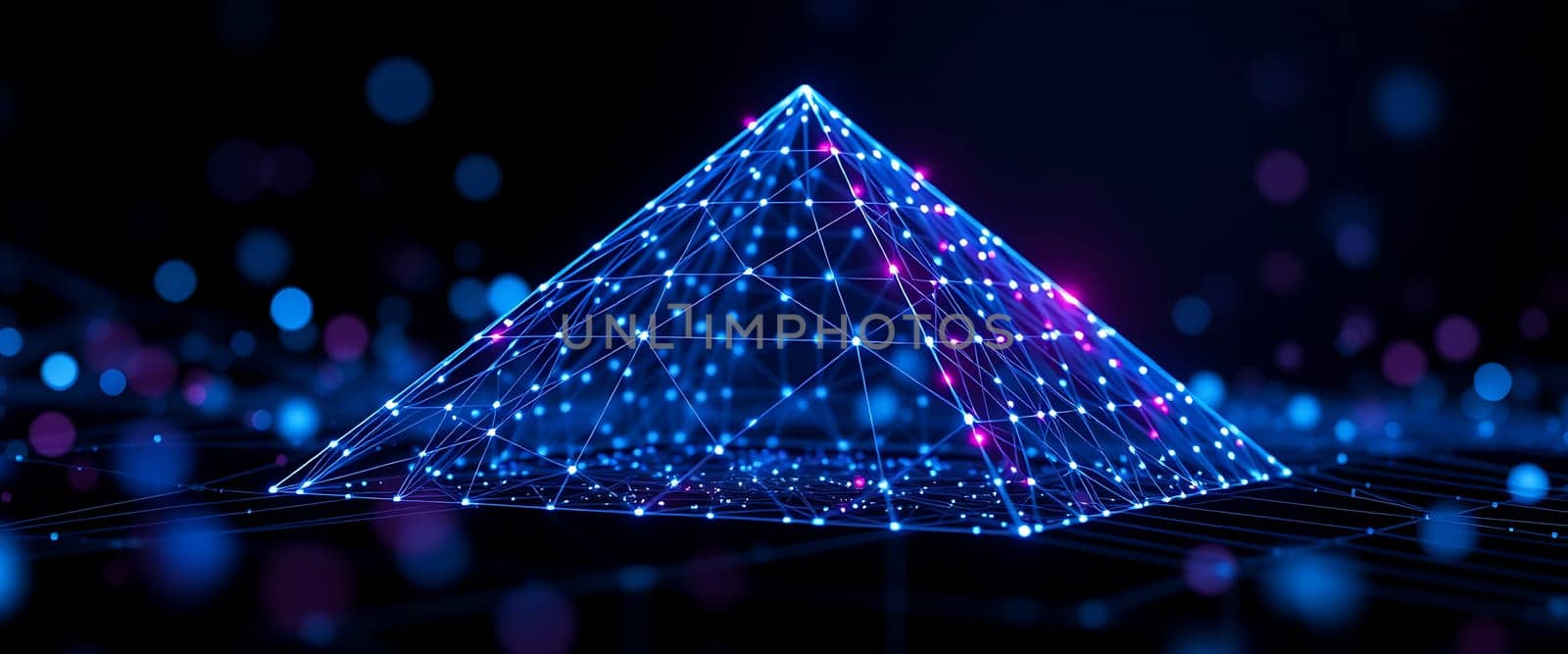 A vibrant pyramid made of glowing lines and dots stands out against a dark backdrop, illustrating a stunning example of digital art and geometric design.