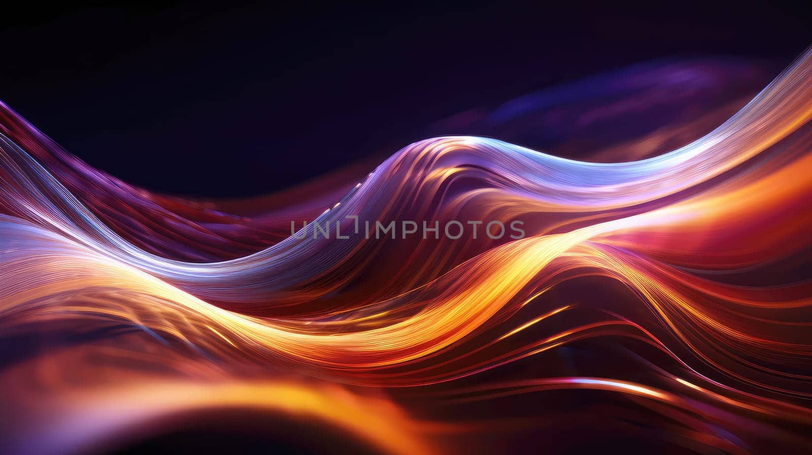 Abstract background of glowing coloured wavy lines on a dark background. Graphic design element with neon lights