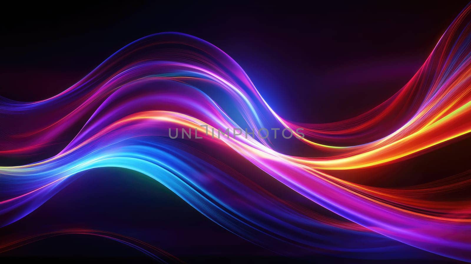 Abstract background of glowing coloured wavy lines on a dark background. Graphic design element with neon lights