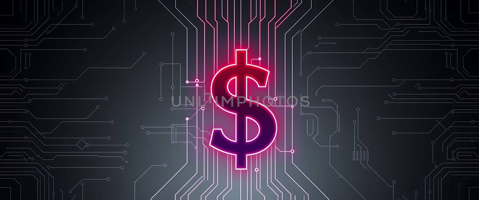 A vibrant dollar symbol shines bright amidst a dark background filled with intricate circuit patterns, illustrating the fusion of finance and digital technology.