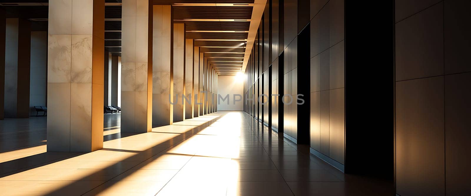 Bright sunlight streams through a contemporary corridor featuring tall columns, casting long shadows across the polished floor in the early morning.