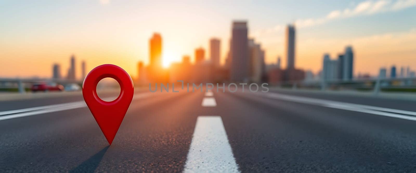 A bright red location pin stands in the middle of an empty road, with a stunning city skyline illuminated by the warm hues of a sunset in the background.