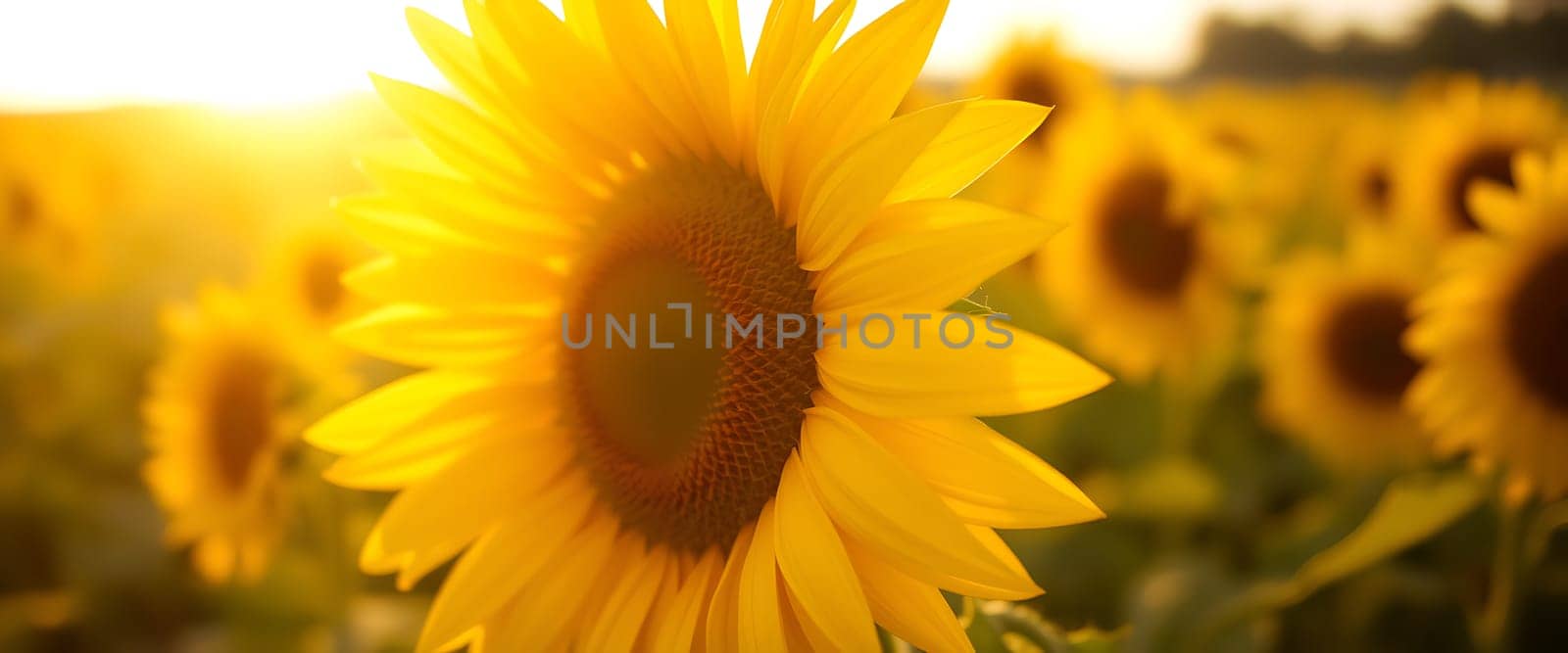 A single, bright sunflower captures the warm glow of a sunset, surrounded by a vast field of sunflowers, evoking the beauty of late summer evenings.