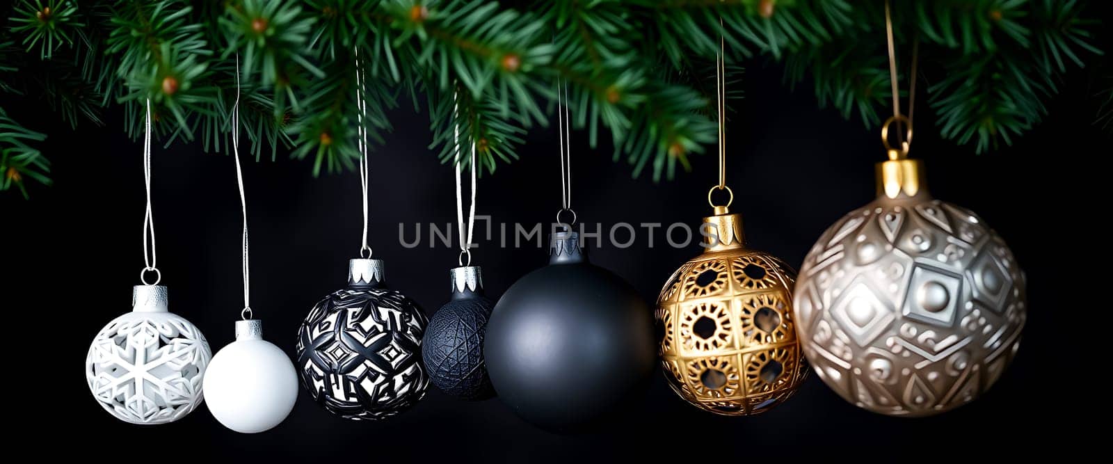 Beautifully decorated black, white, and gold ornaments hang from a lush pine branch, creating a festive atmosphere perfect for the holiday season.