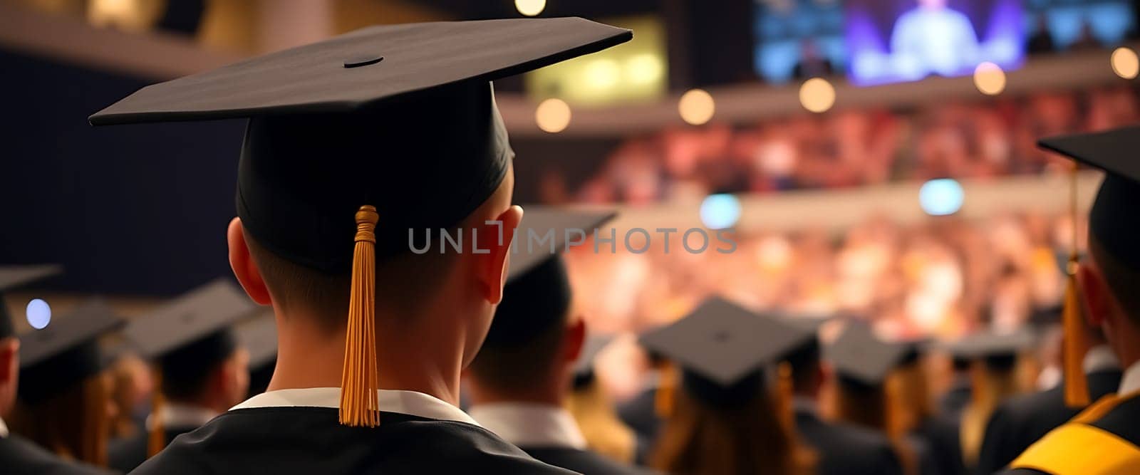 A group of graduates in caps and gowns is focused on the stage where a speaker addresses the audience, celebrating their academic achievements and future.