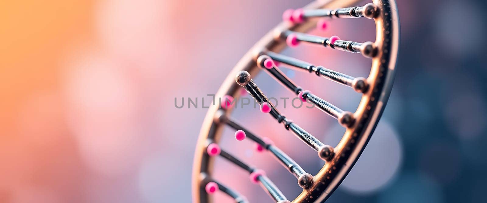 This visual features a detailed representation of a DNA double helix structure, highlighting its intricate connections and colorful components in a vibrant, soft-focus background.
