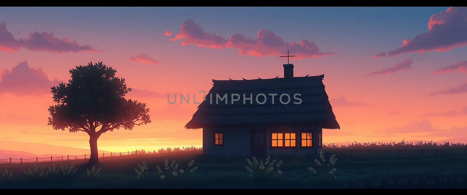The silhouette of a charming cottage stands against a vibrant sunset, with a tall tree nearby. The scene conveys serenity and the beauty of nature during twilight.