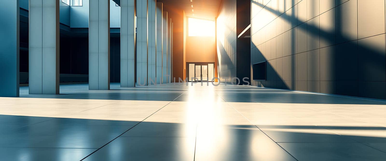 Bright sunlight filters through expansive glass windows, casting long shadows across the sleek floor of a contemporary building lobby. The minimalist design enhances the warm ambiance.