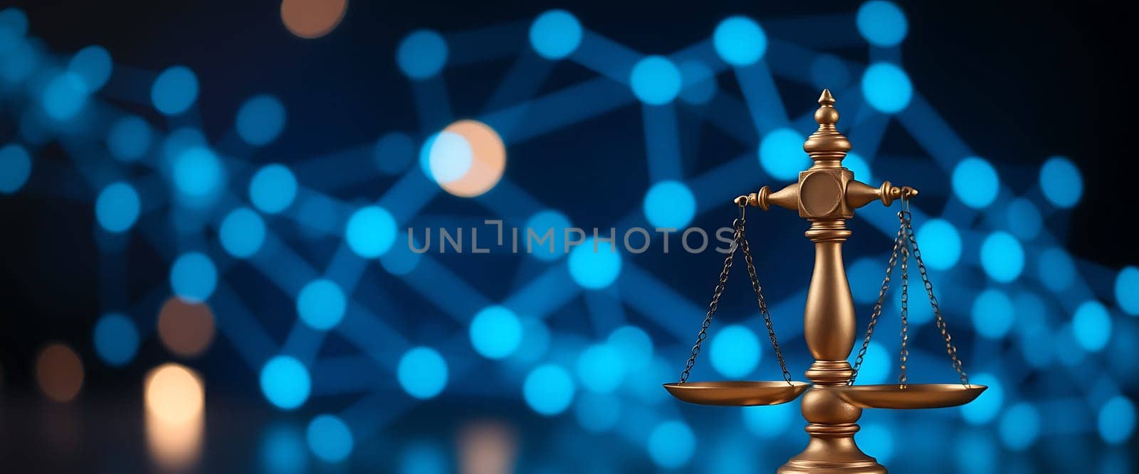The scale of justice prominently features metallic hues while positioned against a blurred blue background, symbolizing the intersection of law and modern technology.