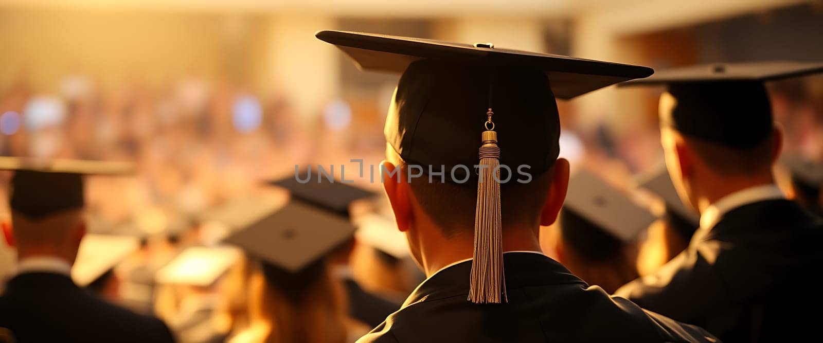 A group of graduates wearing caps and gowns stand proudly, facing a large audience during a graduation ceremony. The warm light enhances the joyful atmosphere of the event.