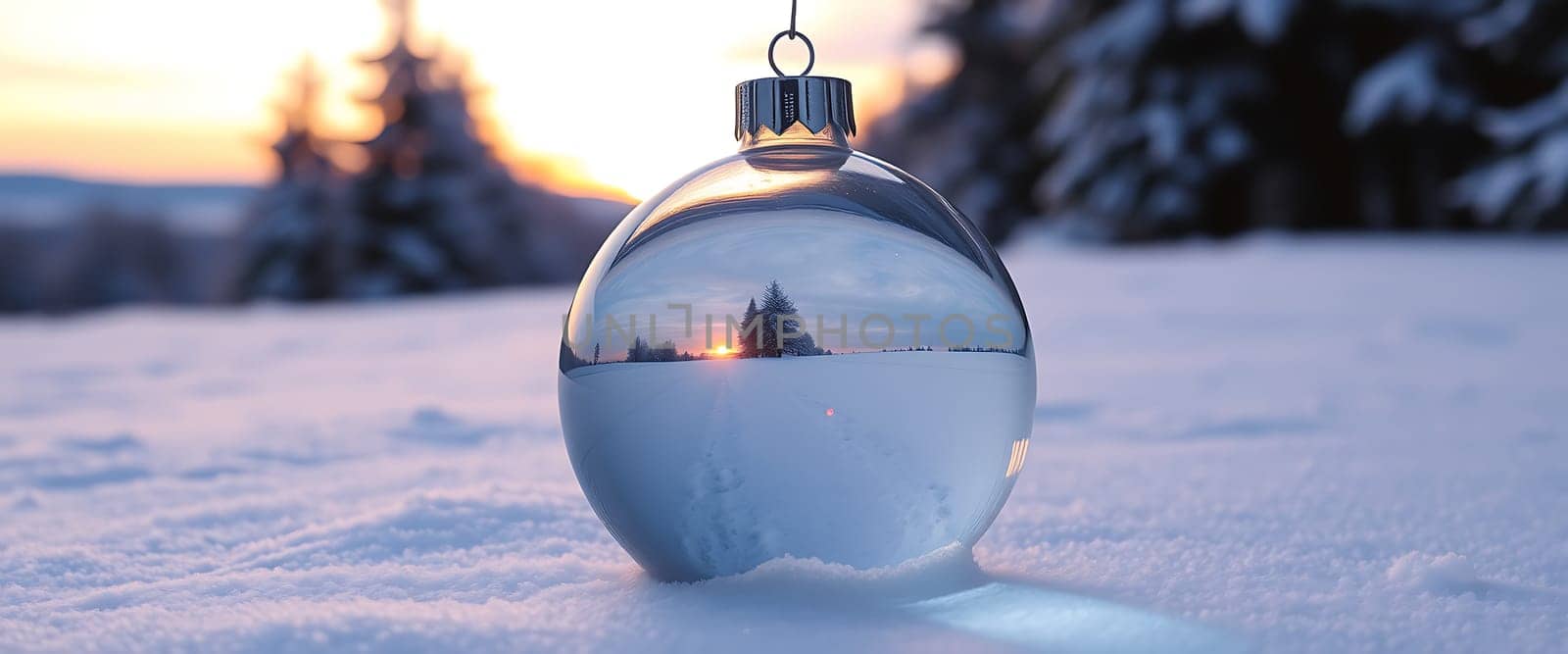 A glass ornament rests on a snowy surface, reflecting a beautiful sunset and pine trees in the background, creating a magical winter atmosphere.