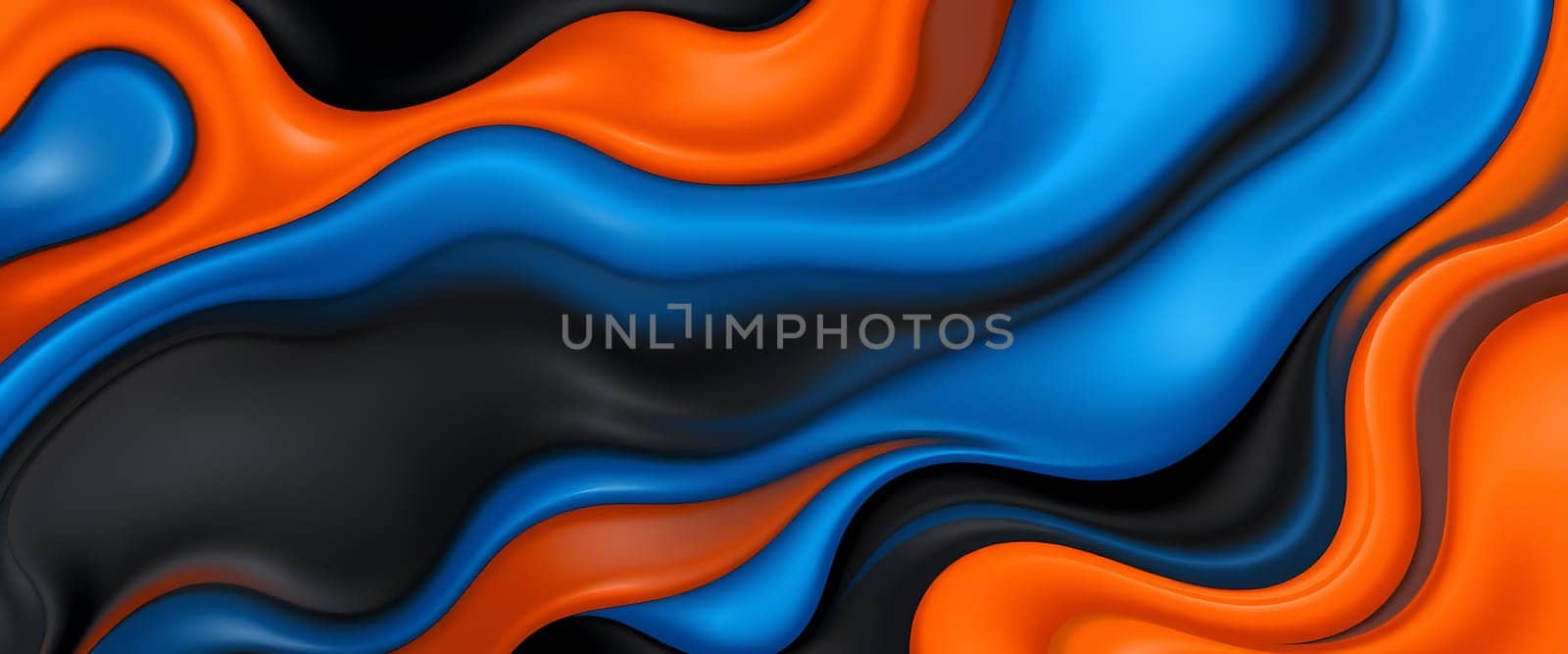Curving waves of blue, orange, and black flow together, creating a vibrant and dynamic composition that showcases modern artistic expression and design.