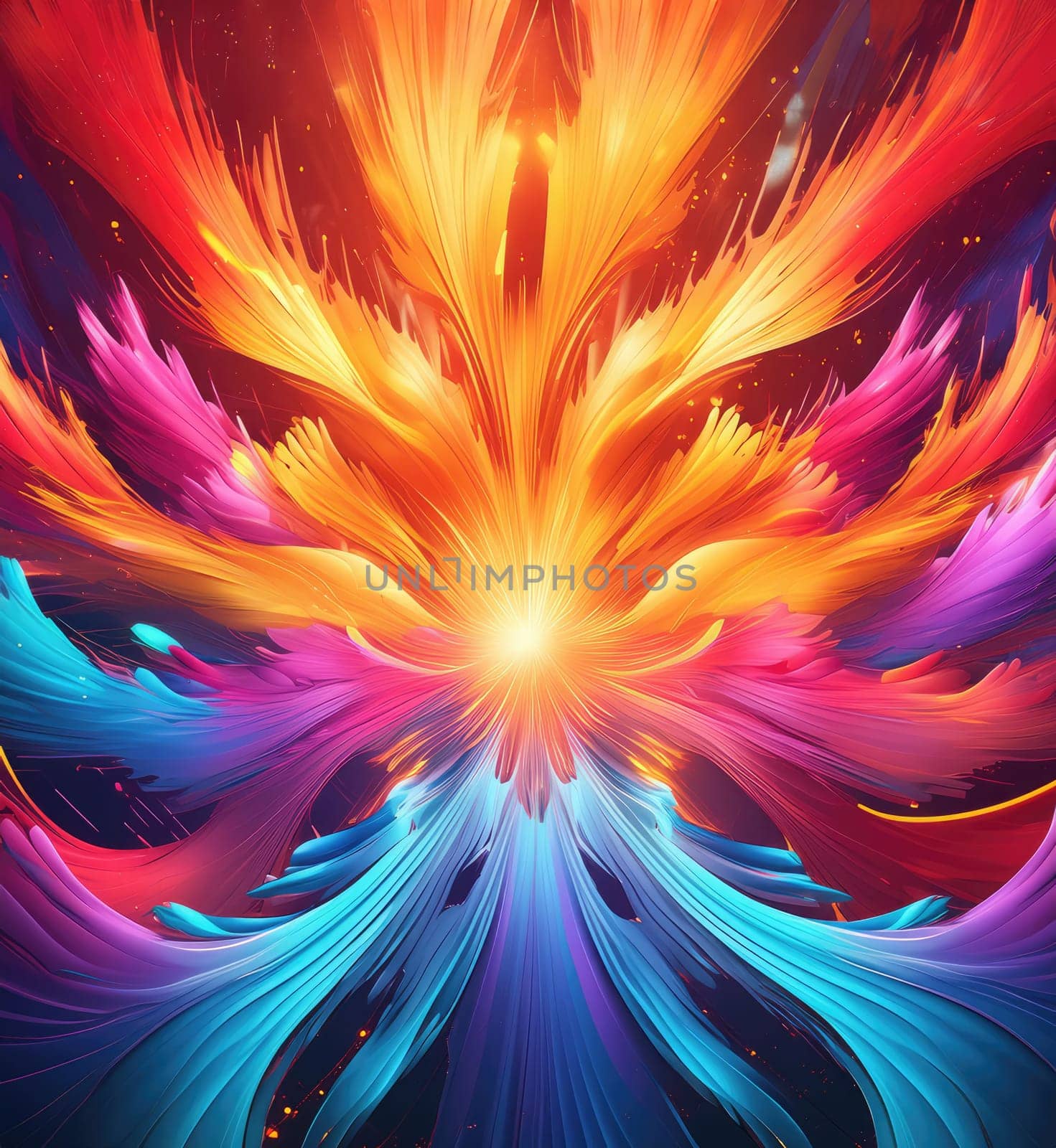Abstract background and texture. Colorful streaks in orange, blue, and pink form a glowing, energetic shape. A cosmic, fire-like explosion of color and light radiating from the center.