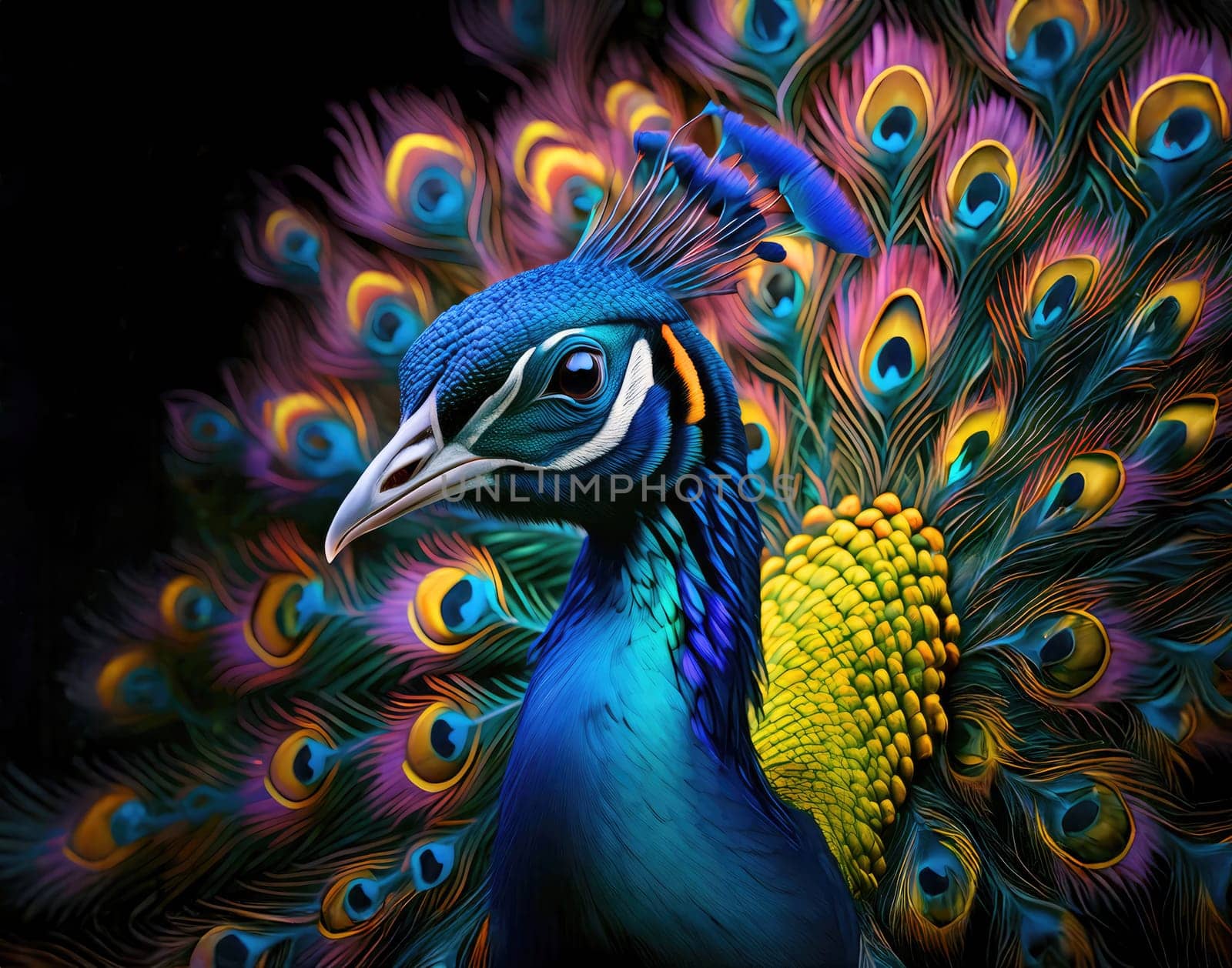A vibrant peacock displaying its stunning, colorful feathers in vivid detail. The peacock's feathers shimmer with hues of blue, yellow, and green.