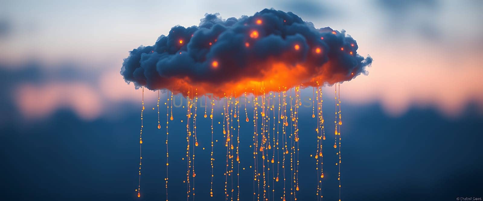 A stunning twilight scene features a cloud illuminated from within, releasing sparkling raindrops that create a magical atmosphere against the dusk backdrop.