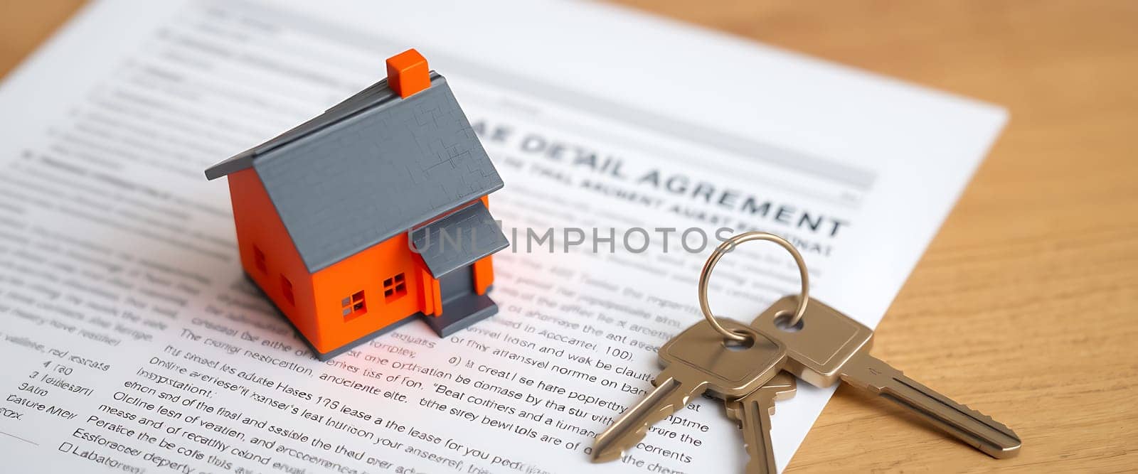 A small orange model house sits next to keys on top of a rental agreement, highlighting the process of securing a property lease in a cozy setting.