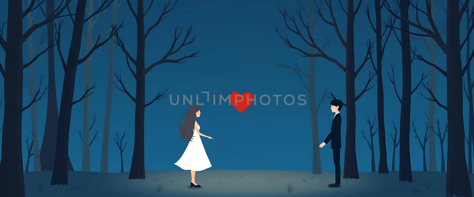 In a dimly lit forest, a couple faces each other, with a bright red heart hovering between them, symbolizing their love in a serene yet mysterious setting.