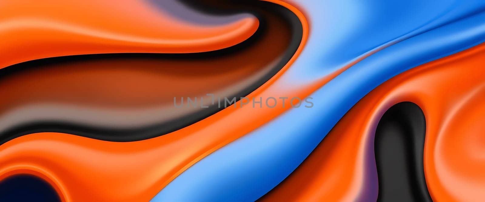 Rich colors of orange and blue swirl seamlessly together with black accents, forming a captivating abstract design that draws attention with its fluid motion.