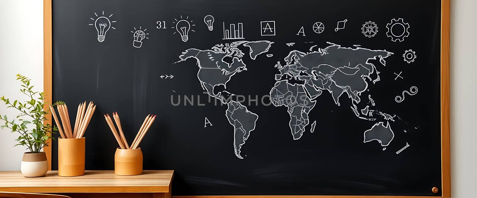 A large chalkboard features a detailed world map with various educational illustrations and symbols. The board is complemented by pots of pencils, creating a vibrant learning environment.