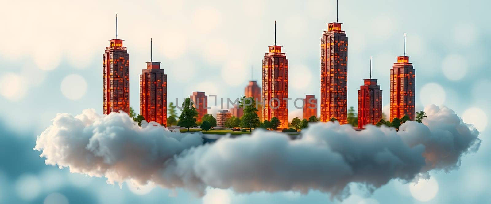 Tall skyscrapers rise above soft clouds, creating a dreamlike atmosphere. Lush trees and a hint of urban life blend seamlessly in this imaginative setting.