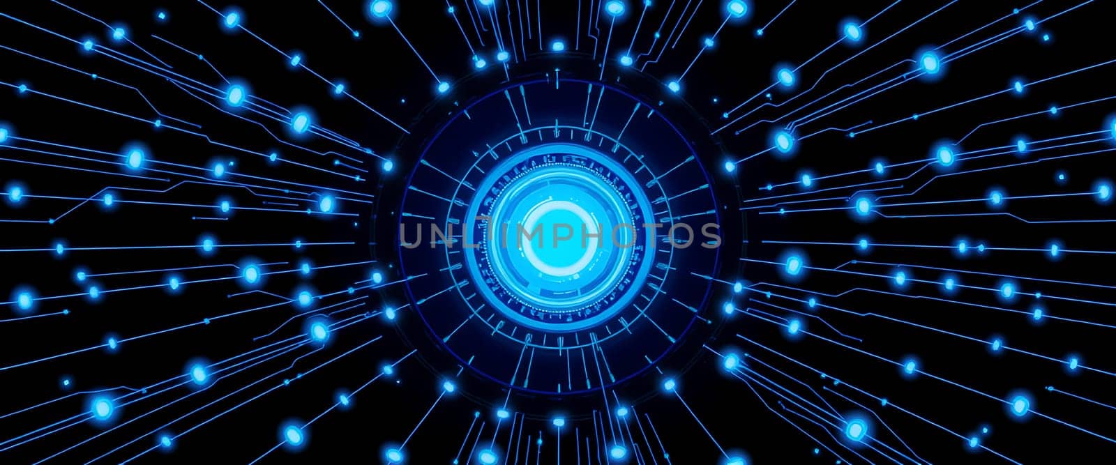 A dynamic composition features glowing blue particles emanating from a bright central core, creating a sense of depth and energy against a black backdrop.