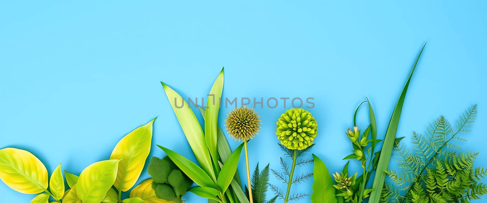 A variety of green plants is beautifully arranged in a line against a bright blue backdrop, highlighting the unique textures and shapes of leaves and flowers.