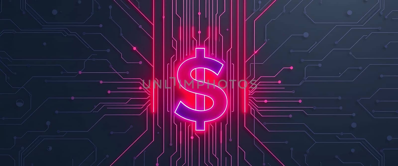 A glowing dollar sign is embedded in a circuit board design, showcasing a blend of technology and finance, highlighting the modern digital economy.