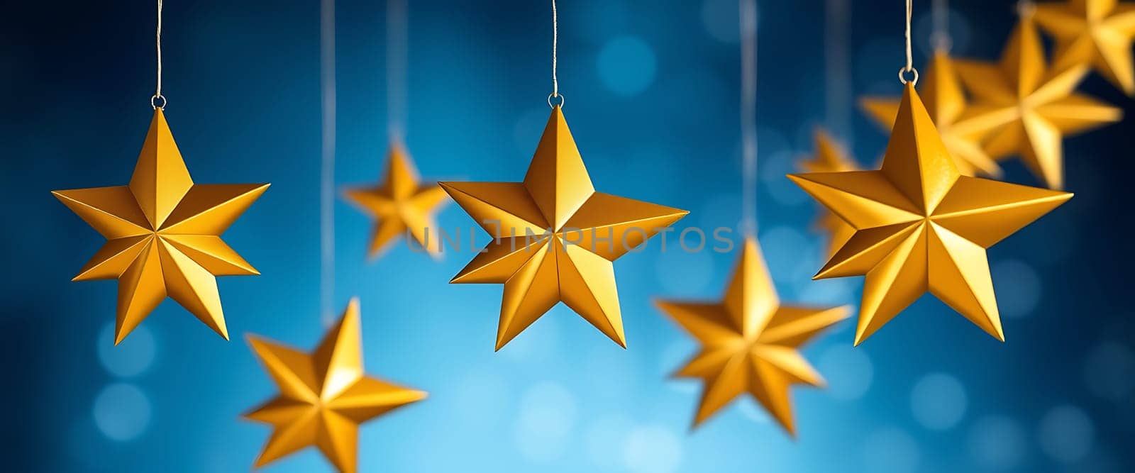 Hanging golden stars dangle against a tranquil blue backdrop, evoking a festive and whimsical feeling suitable for celebrations and special events.