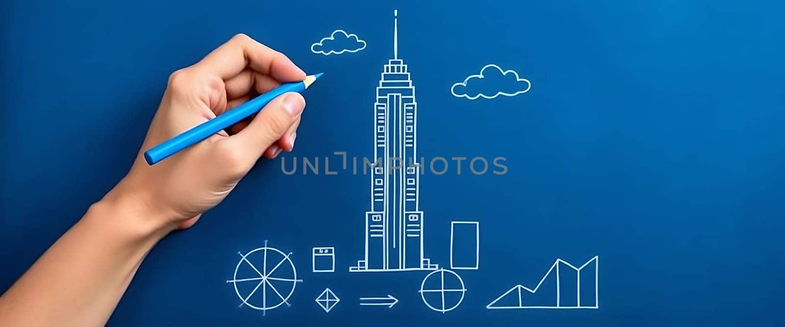 A detailed blueprint of a skyscraper is being created, featuring geometric shapes and clouds, with a hand holding a blue pen on a vibrant blue background.