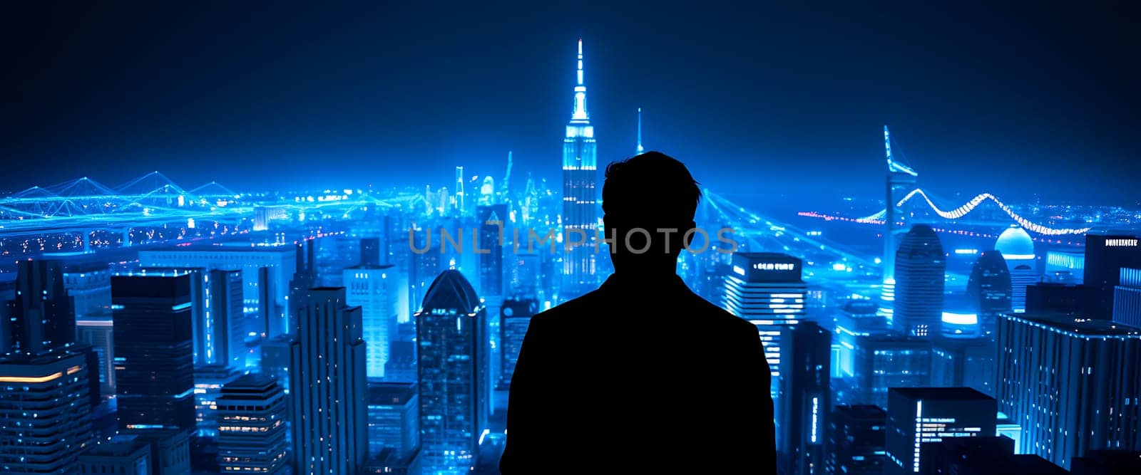A figure stands silhouetted against a dazzling urban panorama at night, with neon blue lights highlighting the skyline and famous structures. The atmosphere is electric and captivating.