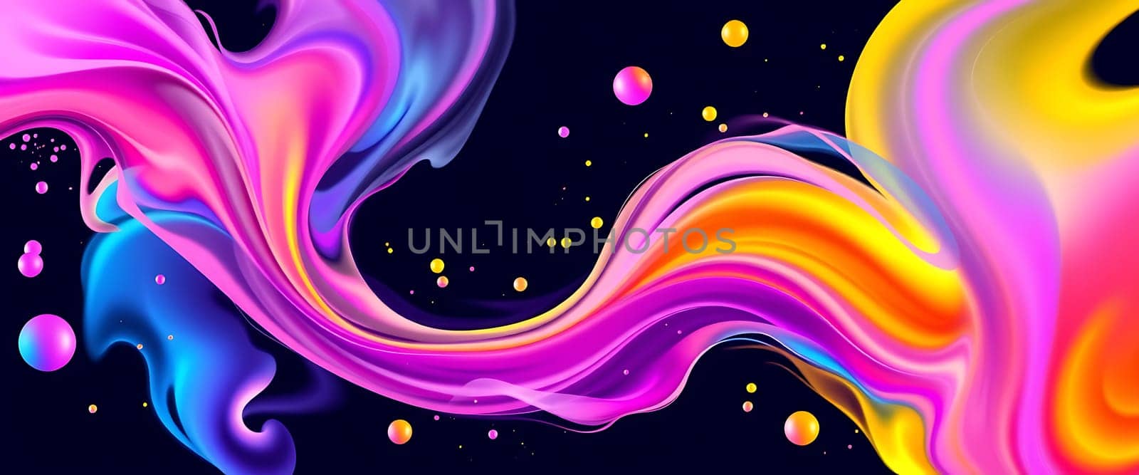 A vibrant display of swirling colors forms an abstract wave, with bright gradients and floating spheres across a dark background, capturing energy and movement.