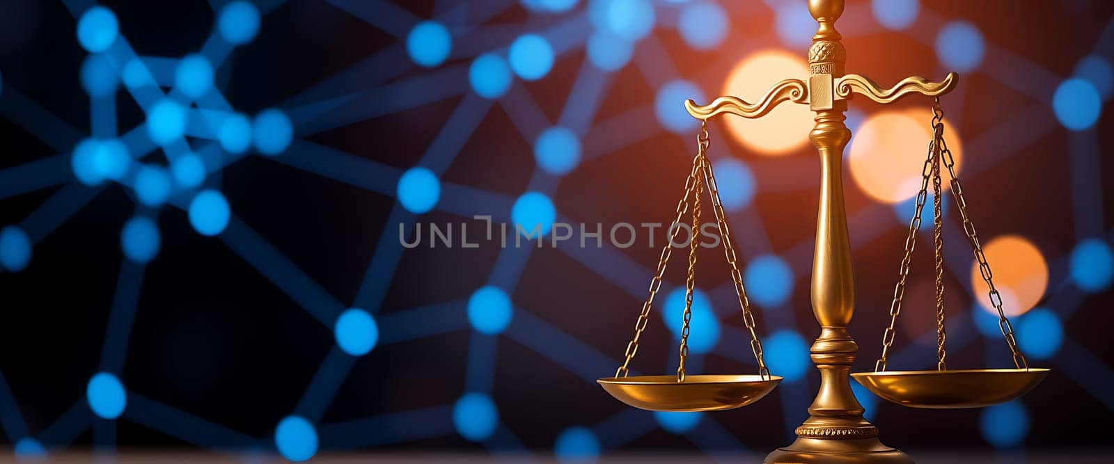 The golden balance scale stands prominently, symbolizing justice, with an abstract blue and orange background that suggests a modern and dynamic environment.