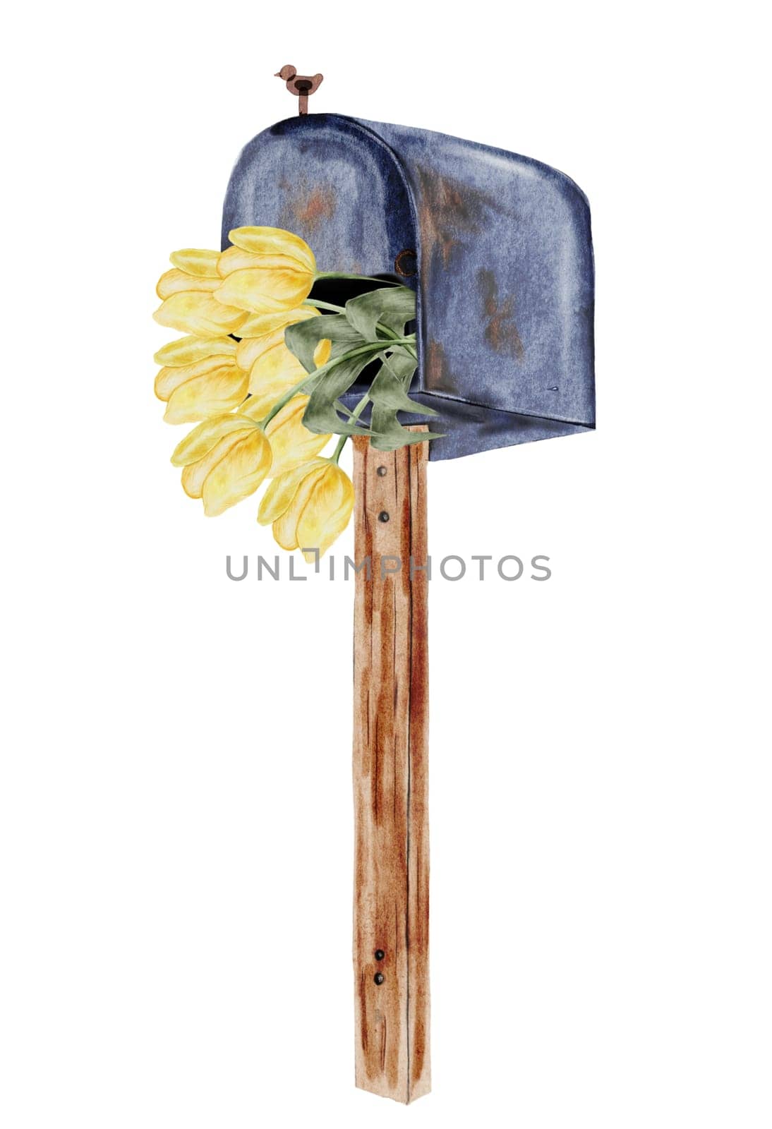 Mailbox watercolor. Vintage blue letter container on a wooden stand with with tulips. Isolated clip art on white background. Ideal for postcards for Postal Day, Postal Worker. High quality illustration