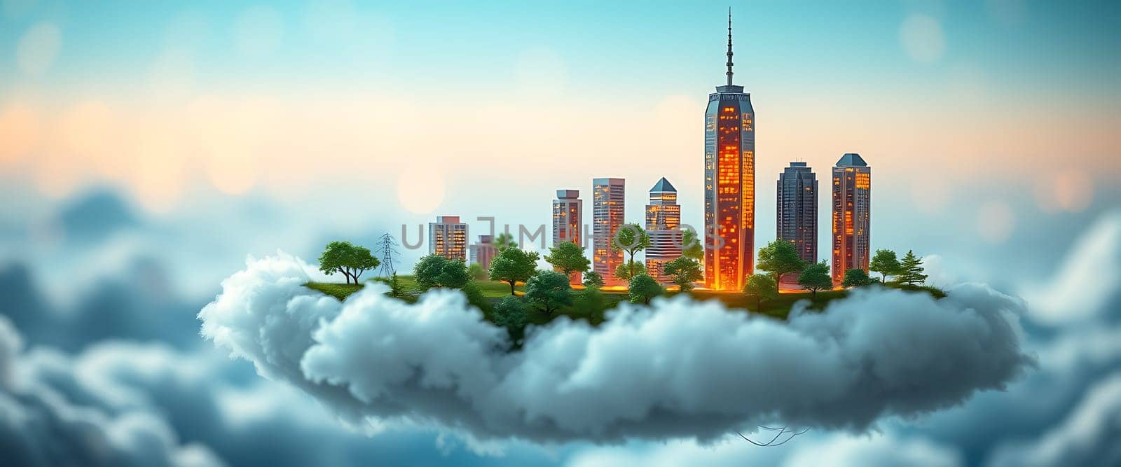 The vibrant skyline features a blend of towering skyscrapers surrounded by lush green trees, all elevated above a soft cloud layer during a picturesque sunset.