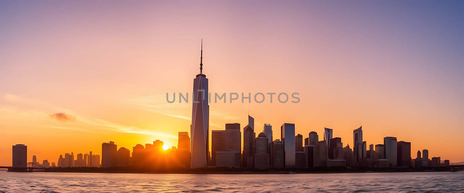The sky lights up with vibrant hues as the sun rises behind New York City's skyline, highlighting One World Trade Center and surrounding skyscrapers along the waterfront.