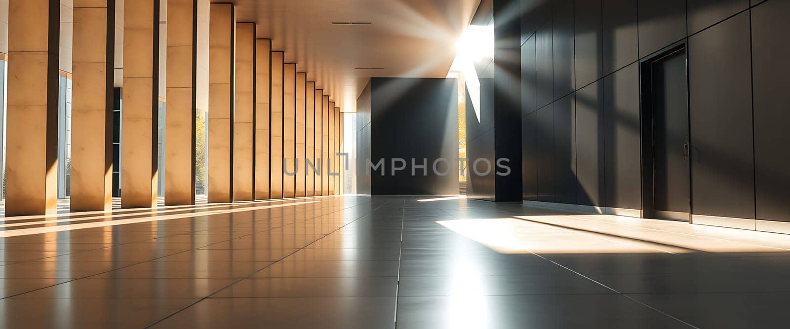 Bright sunlight filters through large windows, casting long shadows across a spacious hallway lined with modern pillars and smooth tiles during the day.