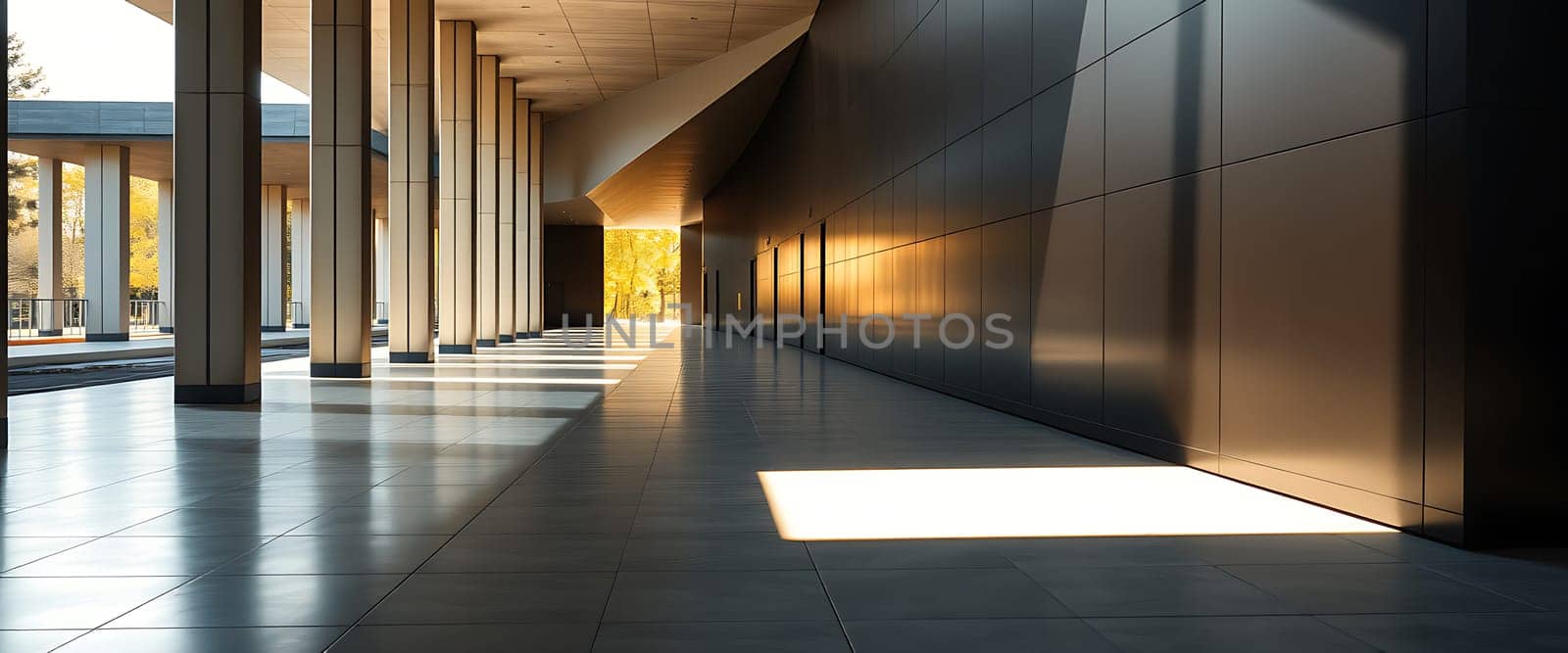 A spacious and sleek hallway showcases modern architecture, with natural light illuminating the polished tile floor in the early morning. The minimalist design creates a tranquil atmosphere.