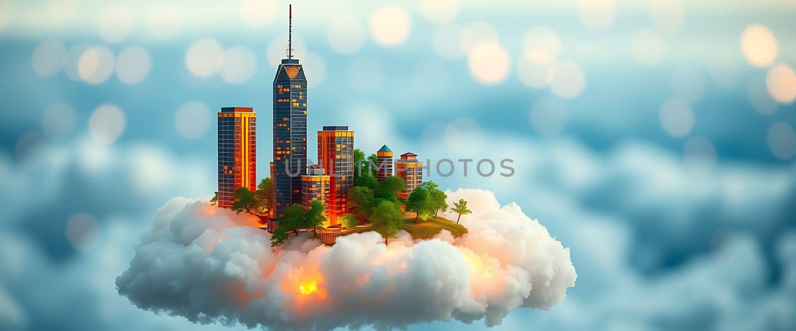 A stunning cityscape hovers above a sea of clouds, featuring modern skyscrapers illuminated by warm colors and surrounded by lush greenery, creating a fantastical environment.