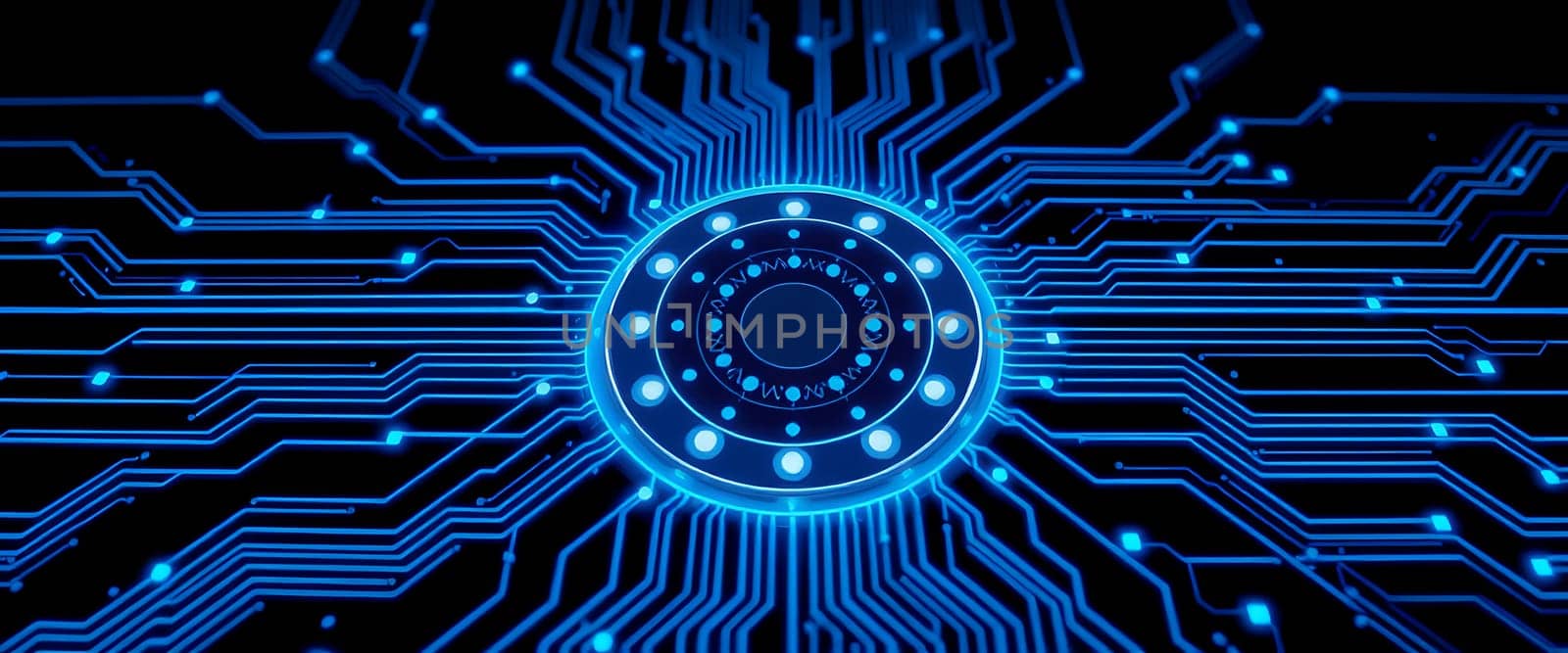 In a dark background, a vibrant blue circuit board features glowing lines and nodes, illustrating advanced technology and digital connectivity focused on data flow.