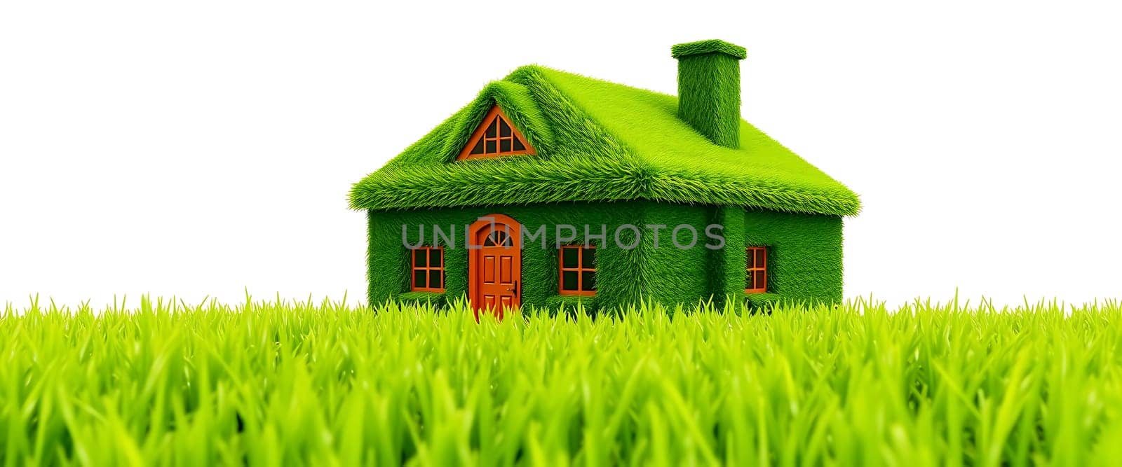 A vibrant, grass-covered house stands in a bright green field with tall grass, creating a playful atmosphere. The structure appears inviting and unique.