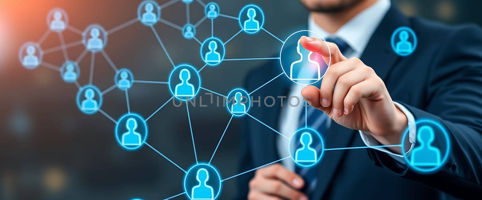 A business professional, dressed in a suit, engages with virtual network icons representing connections and relationships in a contemporary office setting at dusk.