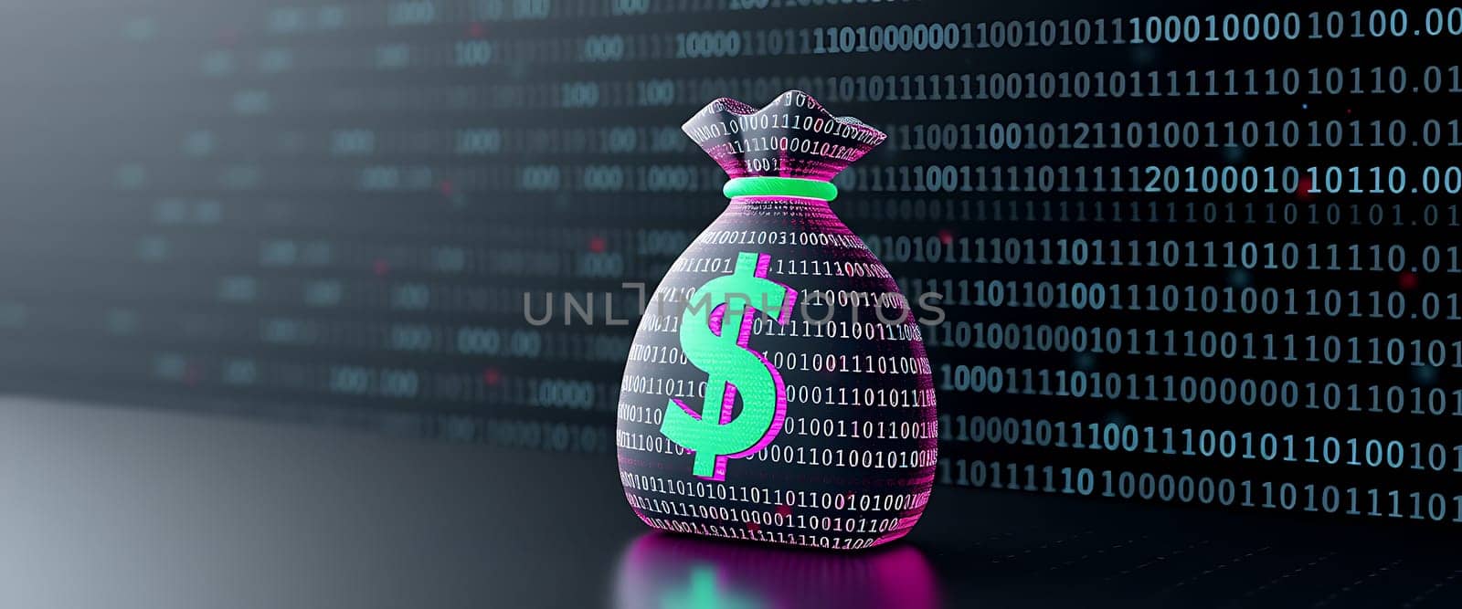 A vibrant money bag stands out with a dollar symbol, surrounded by cascading binary code in a digital environment, showcasing the intersection of finance and technology.