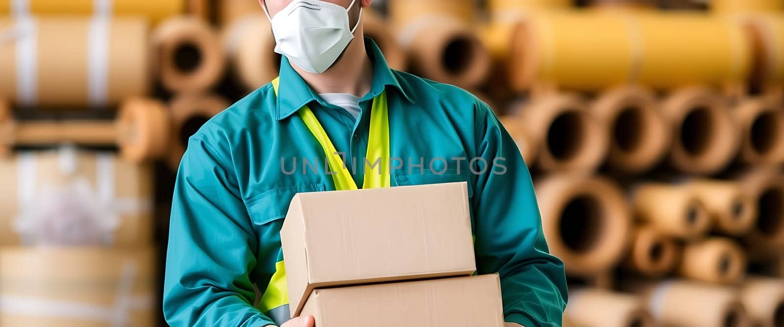 A warehouse worker wearing a mask and safety vest carefully carries multiple cardboard boxes among stacks of packaging materials in a busy logistics environment.