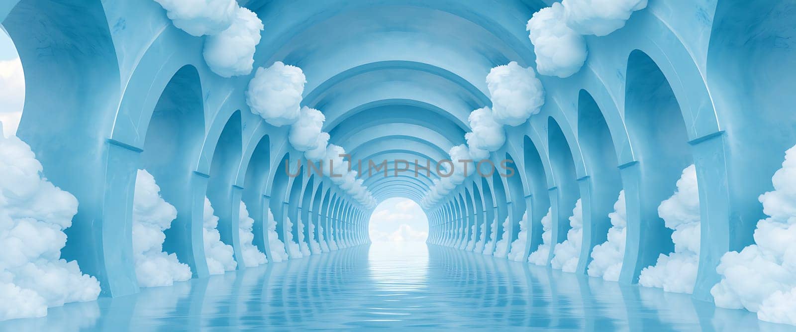 A tranquil corridor of blue arches extends into the distance, surrounded by soft clouds, reflecting on calm water, creating a dreamlike atmosphere.