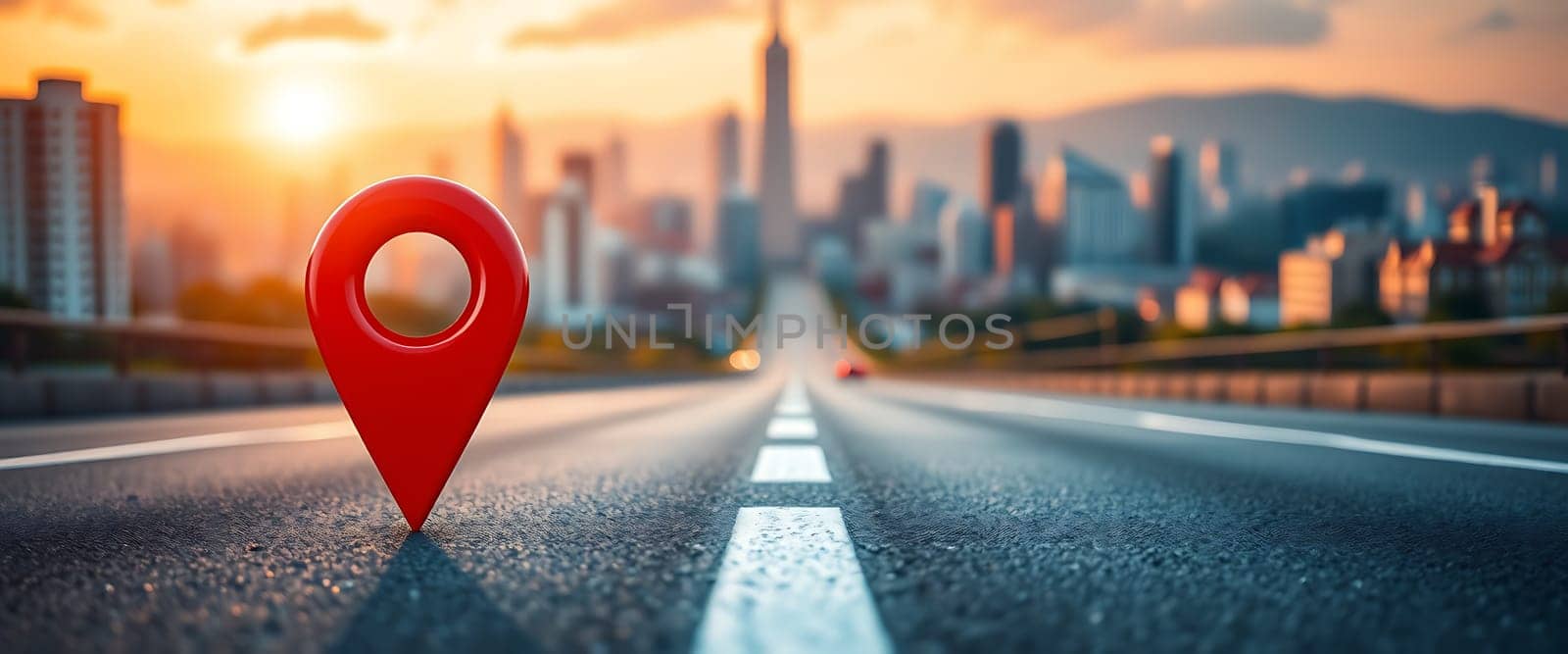 A vibrant sunset illuminates a broad road leading toward a city skyline, with a large red location pin prominently placed in the foreground.