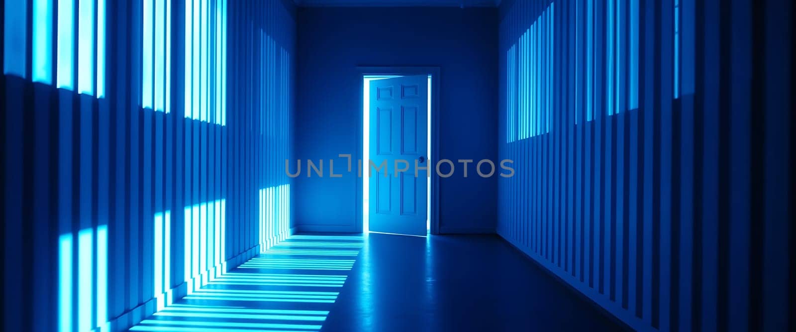 A serene hallway features blue shadows created by light streaming through vertical slats, highlighting an open door at the far end, suggesting an atmosphere of intrigue.